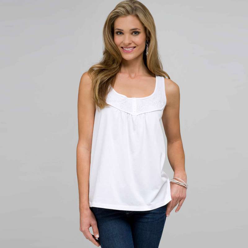 Scoop Neck Tank With Embroidery, White, large image number 0